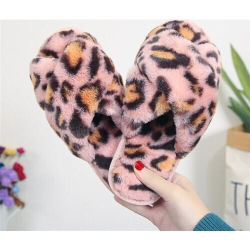 New Women Slippers Winter Shoes Flat Sweet Woman Indoor Faux Fur Warm Soft Slip On Home Leopard Print Pink Furry Ladies Slipper