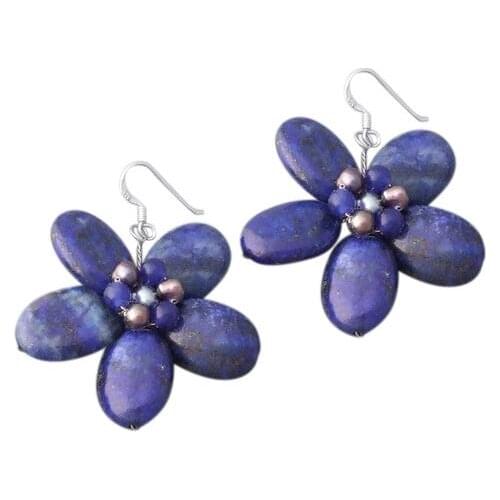 New Arrival Favorite Flower Pearl Earring Blue Lapis Genuine Freshwater Pearls S925 Silver Dangle Earrings Women Jewelry