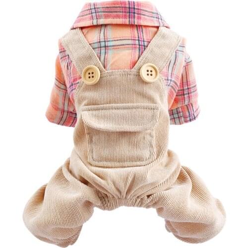 Dog Clothes four-legged Pink Lattice Student Suspenders Pet Teddy Bomei Spring Summer Clothes Casual Button Suit