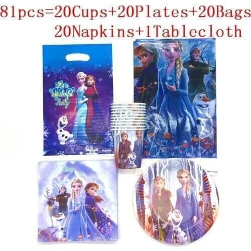 Disposable Tableware 81Pcs Disney Frozen 2 Anna Elsa Birthday Design Paper Plate +Cups+Napkins+Gift Bags Birthday Party Supplies