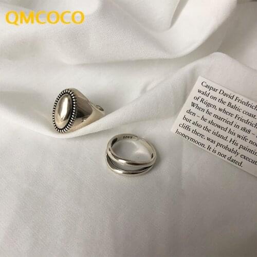QMCOCO 925 Silver Oval Shaped Thai Silver Rings Minimalist Double Layer Ring For Women Party Jewelry Gifts