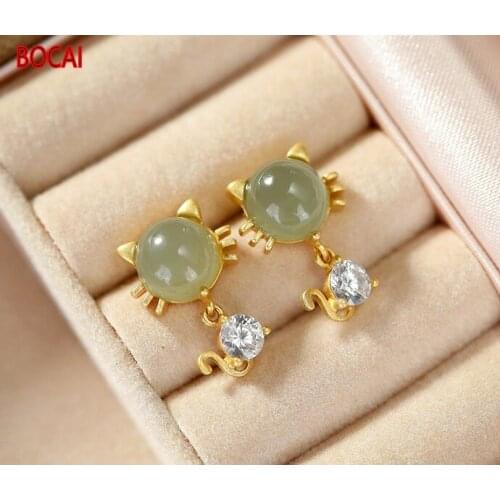 Real S925 sterling silver gold inlaid sapphire exquisite cat creative personality ladies earrings