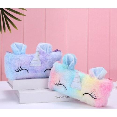 Bentoy Unicorn Faux Fur Women Leather Bag Small Cute Cosmetic Bag Makeup Storage Bag Pencil Box Writing Case