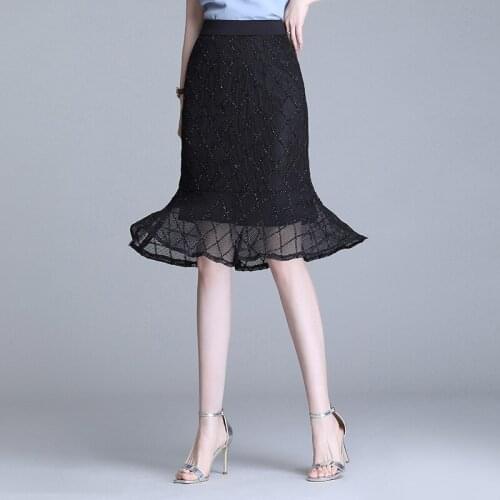 Plus Size Slim Black Bodycon Fishtail Skirt for Women 2021 Summer Elegant Fashion High Waist Mesh Plaid Knee-length Skirts 8237