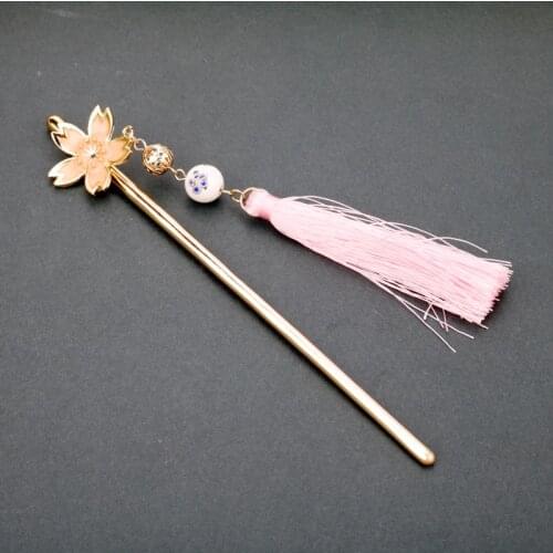 Fashion Cherry Blossom Sakura Flower Beads Tassel Pendant Hair Accessories Hair Sticks For Women Girl Jewelry Gift