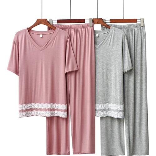 Women Pajama Sets New Modal Cotton Pijamas Female Short Sleeve Trousers 2 Piece Homewear Lace Casual Nightwear Pyjama Suit
