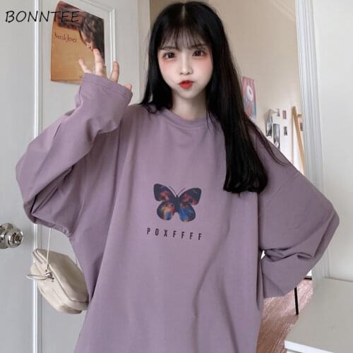 Hoodies Women Butterfly-Print Oversize BF Ulzzang Drop-shoulder Ins Popular Autumn Slouchy Tunic Hoody Round Neck Street Girls