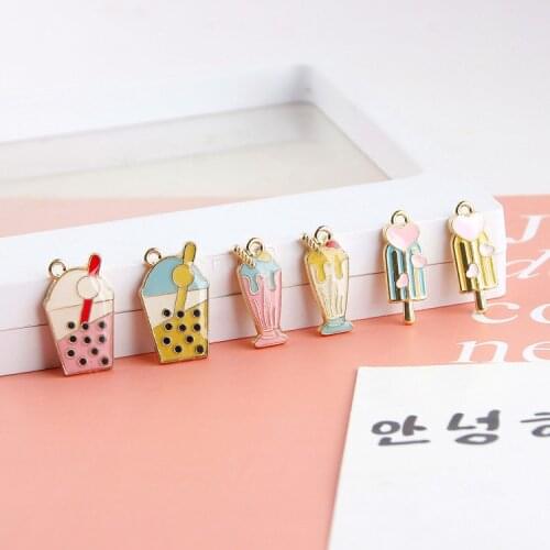 10pcs/lot Cute Funny Milk Tea Ice Cream Drink Enamel Charms Fashion Jewelry Earring DIY Making Charms Gold Color