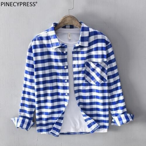 100% Cotton Anti-static Man Casual Shirt Quality Spring Autumn Male Pocket Blue Plaid Checked Full Long Sleeve Men Shirts