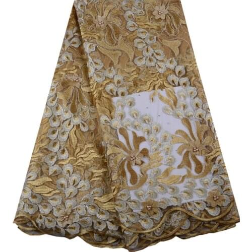 2019 High Quality African Tulle Lace Fabric With 3D Flower And Beads Latest Gold French Net Lace Fabric For Wedding S1474