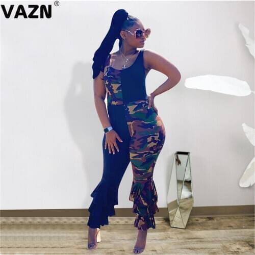 VAZN 2020 Top Quality High Street Sexy Young Upsurge Camel Fashion Tank Sleeve High Waist Slim Women Long Pencil Jumpsuits