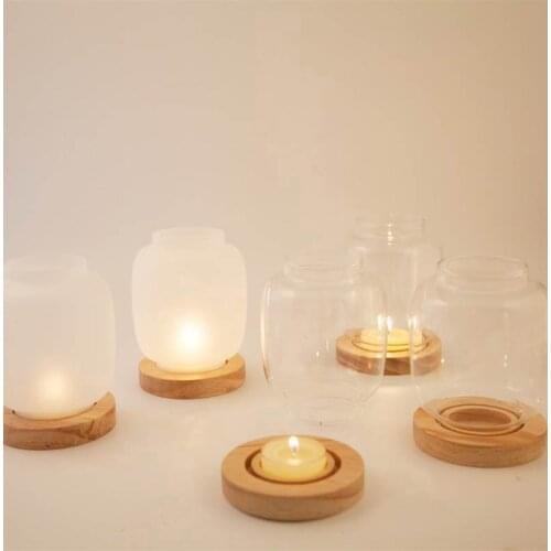 Decorative Glass Pillar Candle Holder with Wooden Base Home Decor Accessories Decoration for Mantel Table Top Prayer Alter
