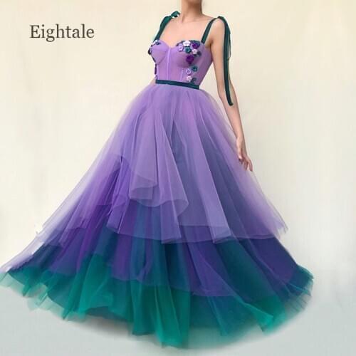 Purple Evening Dresses Spaghetti Strap Sweetheart Handmade Flowers A-Line Tulle Arabic Prom Gown Party Dress for Graduation