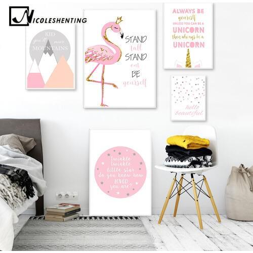 Flamingo Unicorn Nursery Posters Prints Pink Cartoon Wall Art Canvas Painting Nordic Kids Decoration Pictures Baby Bedroom Decor