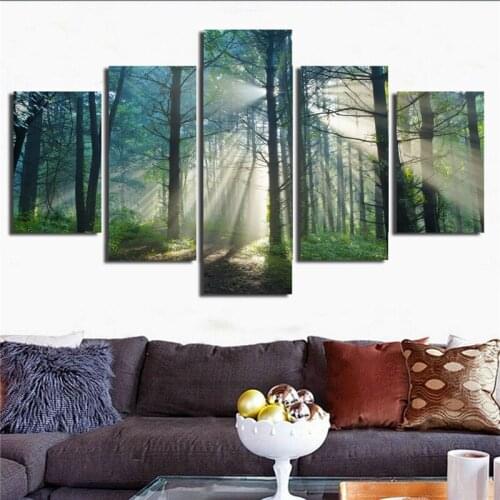 JIE DO ART Painting On Canvas Wall Art Frame Home Decor HD Printed Pictures 5 Panel Sunshine Forests Natural Landscape Trees