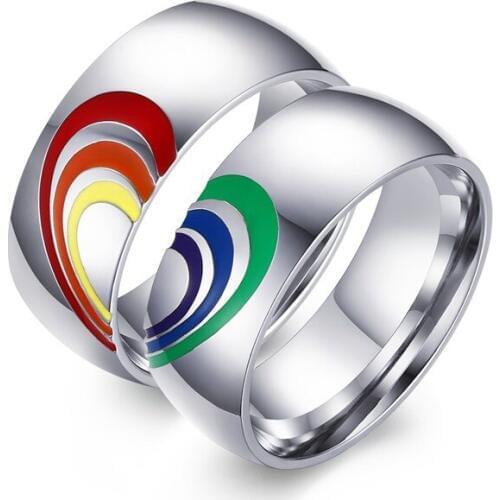 Simple Lovers Ring Stainless Steel Rainbow Color Enamel Stitching Love Heart Rings For Women Men Wedding Jewelry Bague