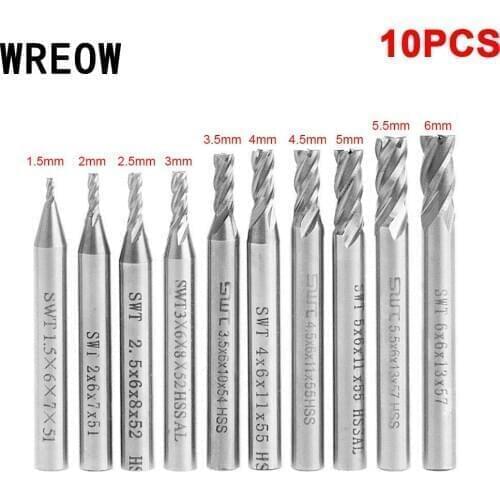 10pcs 1.5-6mm HSS 4 Flute End Mill Straight Shank Router Bit Set Milling Cutter CNC Machines Cutter Tool for wood PVC acrylic