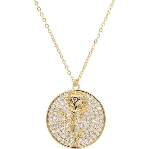 Fashion gold filled round shape charm pendant with white cz micro paved rose flower dog animals moon pattern necklace jewelry