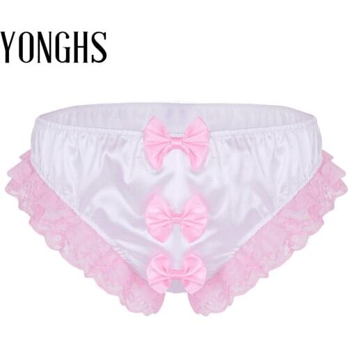 Mens Lingerie Sex Sissy Underwear Shiny Ruffles Floral Lace Underpants Three Big Bows Stretchy Briefs Underwear Sissy Panties