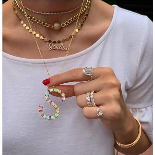 2019 new fashion jewelry iced out micro pave cz colorful rainbow baguette initial letter necklace for women men hip hop jewelry