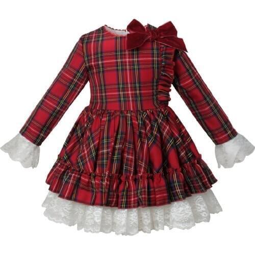 0-12Y Baby Girl Autumn Long Sleeve Red Plaid Turkey England Vintage Spanish Ball Gown Princess Dress for Birthday Chiristmas
