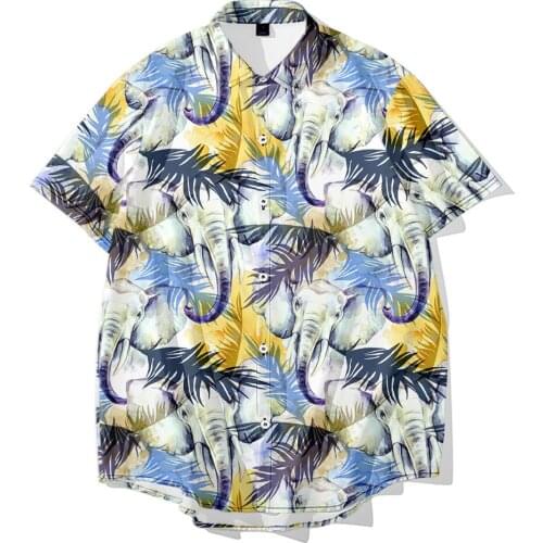 Men Elephant Printing Short Sleeve Hip Hop Streetwear Shirts Summer Harajuku Loose Hawaiian Shirts camisa