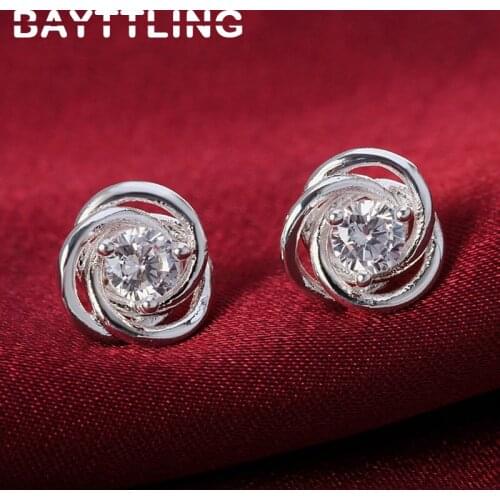 BAYTTLING 925 Sterling Silver Round AAA Zircon Flower Stud Earrings For Woman Charm Luxury Party Christmas Gift Jewelry