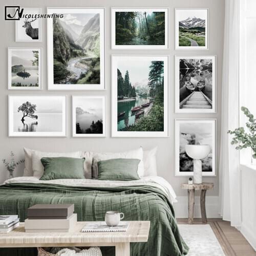 Scandinavian Black White Nature Landscape Poster Nordic Boat Lake Mountain Print Canvas Wall Art Painting Photography Picture