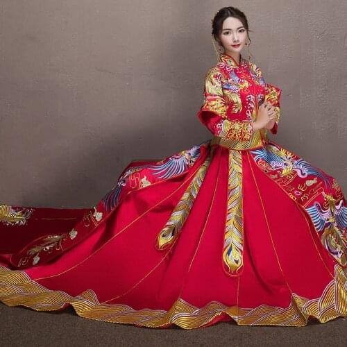 Chinese Traditional Wedding Dress Embroidery High-quality Long Cheongsam Stylish Elegant Bride Vintage Gorgeous Women Satin Gown