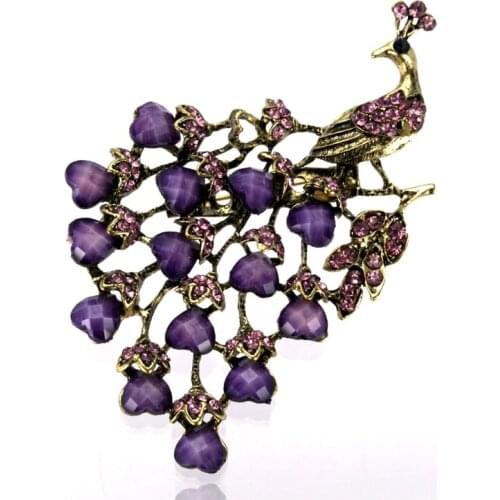 Vintage Peacock Party Brooch Bronze Plated Antique Color Lilac Rhinestone and Resin Crystal Prom Gift Pins