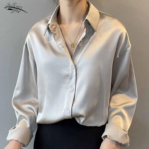 Ladies Workwear Retro Casual Fashion Button Satin Acetate Shirt Silk Office Commuter Elegant Shirt Top Long Sleeve Shirt 11355