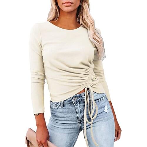 Office Lady Elegant Side Pleated Tops Women Stylish Long Sleeve Solid Color T-Shirt Round Neck Casual Slim Fashion Blouse D30
