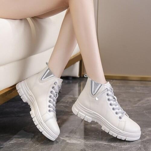 Boots for Women Fashion Female White Platform Ankle Boots Lace-up Chelsea Leather Booties Autumn 2021 Casual High Top Sneakers