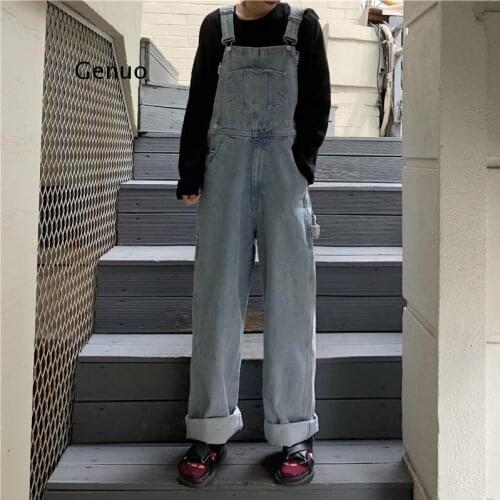 Korean Fashion style Women Overalls Straight Wide leg denim 100% cotton High waist Oversize Loose Long jeans female jumpsuit