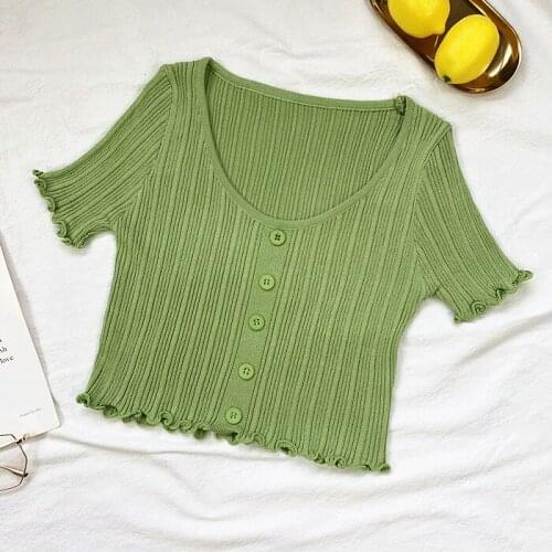 Women 2021 Summer Tees Women Ruffle Crop Top Female Candy Short Sleeve T-shirts Button Up Thread Streetwear T-Shirts