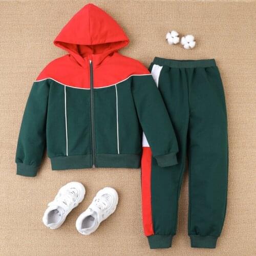 Hibobi Toddler Boy Red Green Color-block Hooded Coat & Casual Trousers 2Pcs Cotton Suit
