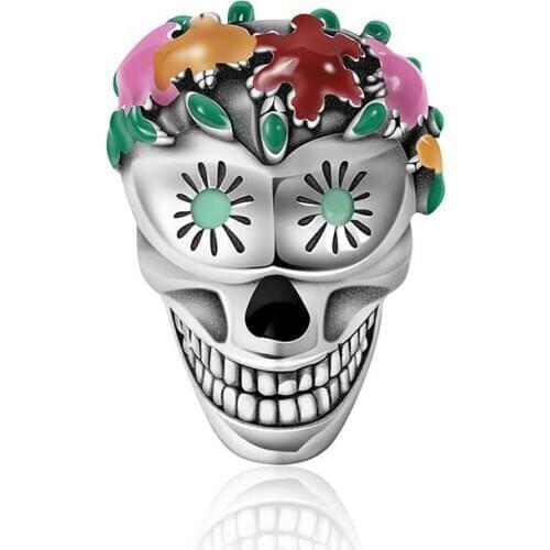 2019 NEW Halloween Collection 100% 925 Sterling Silver Flower Skull Charms Colorful Enamel Beads fit Women Bracelets DIY Jewelry