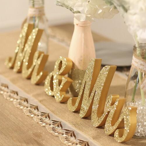 3Pcs/set Wooden MR & MRS Wedding Signs Gold Wooden Wedding Table Numbers Letters Decoration Valentines Day Party Letter Sign