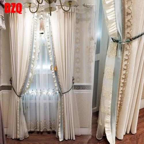 American Korean Nordic Beige shading living room bedroom curtain middle layer yarn inner layer embroidered yarn