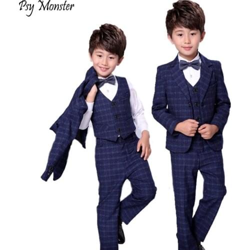 Kids Formal Flower Boys Wedding Suits Plaid 3pcs Blazer+Vest+Pant Gentleman Fashion Children Clothing Sets Party Wear F84