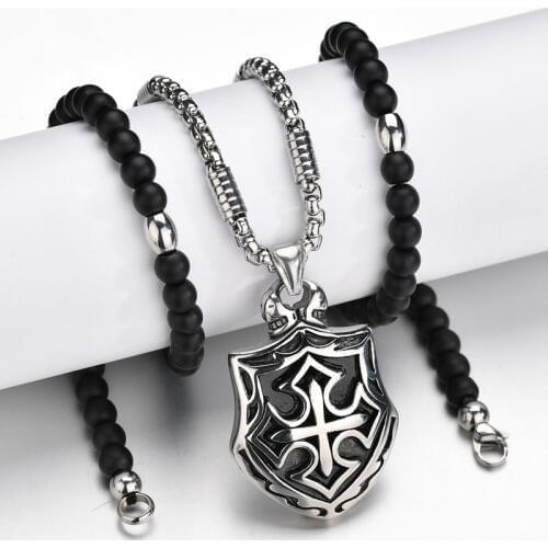Gothic Cross Pendant Necklaces Stainless Steel Chain Black Stone Strand Beads Necklaces Ethnic Jewelry