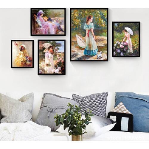 No frame impression figures umbrella girl landscape canvas printings oil painting printed on cotton wall art decoration picture