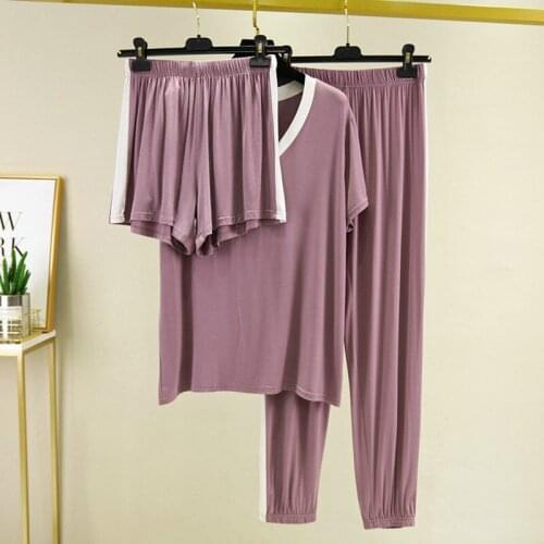 3 Piece Set Large Size Modal Top + Trousers + Shorts Pant Womens Pajamas Suit Casual Spring Summer Home Wear Pyjama Femme