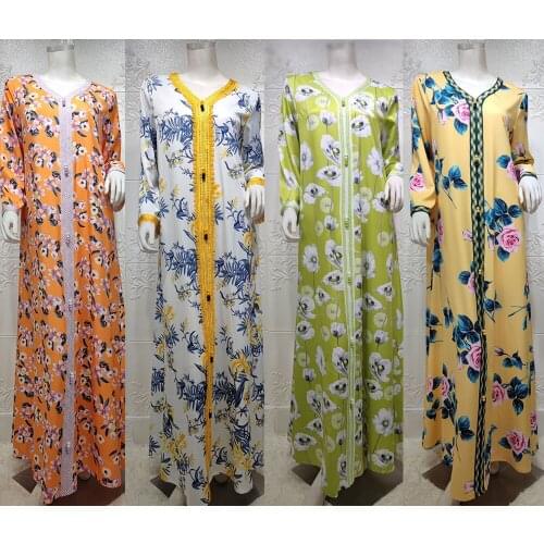Summer Muslim Dress Woman Loose Eid Jalabiya Print Flower Mubarak Dubai Turkish Arabic Moroccan Kaftan Abaya Islamic Clothin