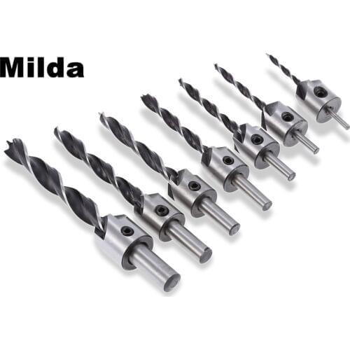 Milda New 3mm-10mm 7pcs HSS 5 Flute Countersink Drill Bit Set Drill Press Set Chamfer Reamer Woodworking Power Tools accessories