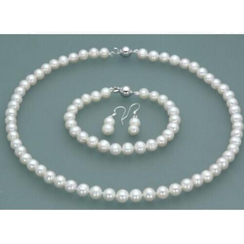 Fashion jewelry Free Shipping Real 7-8mm Natural White Akoya Cultured Pearl Necklace Bracelet Earring Set