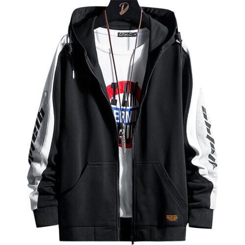Mens Spring Hooded Jacket Hip-Hop Black Casual Coat Sportswear Street Wear Loose Zippered Monolayer Jacket 6XL 7XL 8XL
