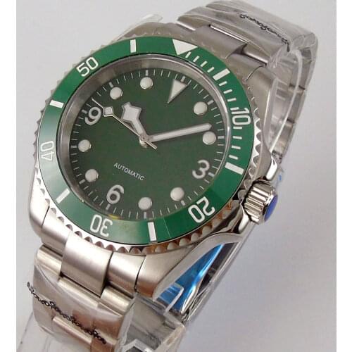 40mm Green Sapphire Glass Automatic Men Watch NH35A Oyster Band Unidirectional Bezel see through back