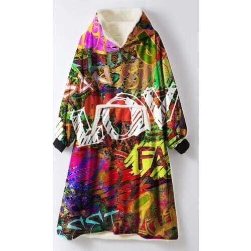 Colorful Painting Sherpa Hoodie Blankets Velvet Plush Throw Blanket with Sleeve Pocket Skull Flower Soft Manta Custom Blanket