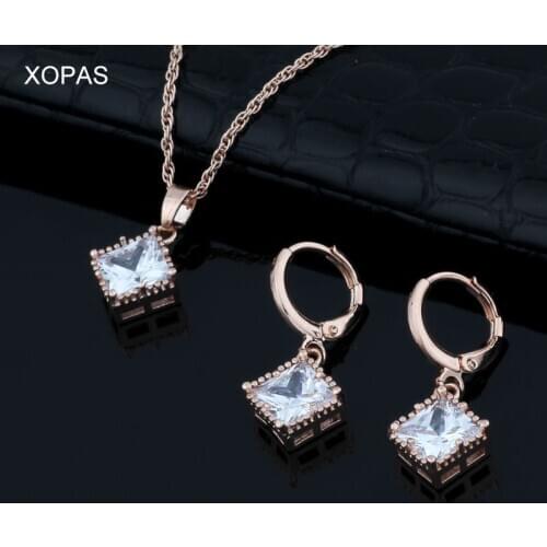 XOPAS Square Jewelry Sets 585 Rose Gold Color Cubic Zirconia Geometric Choker Necklaces for Women Wedding Bridal Gifts